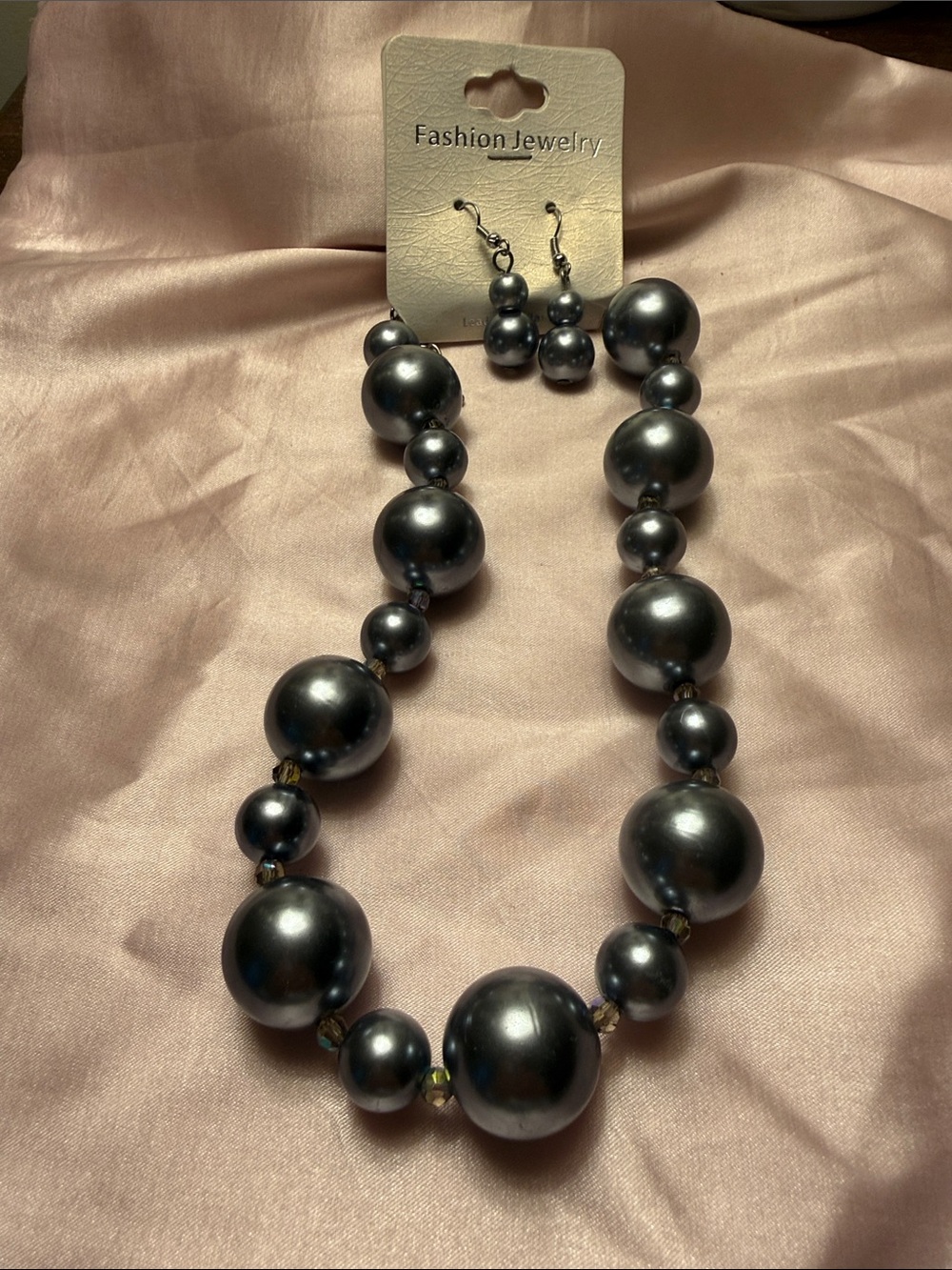 Fashion Jewelry Gunmetal Gray Pearl-Style Bead Necklace with Matching Earrings